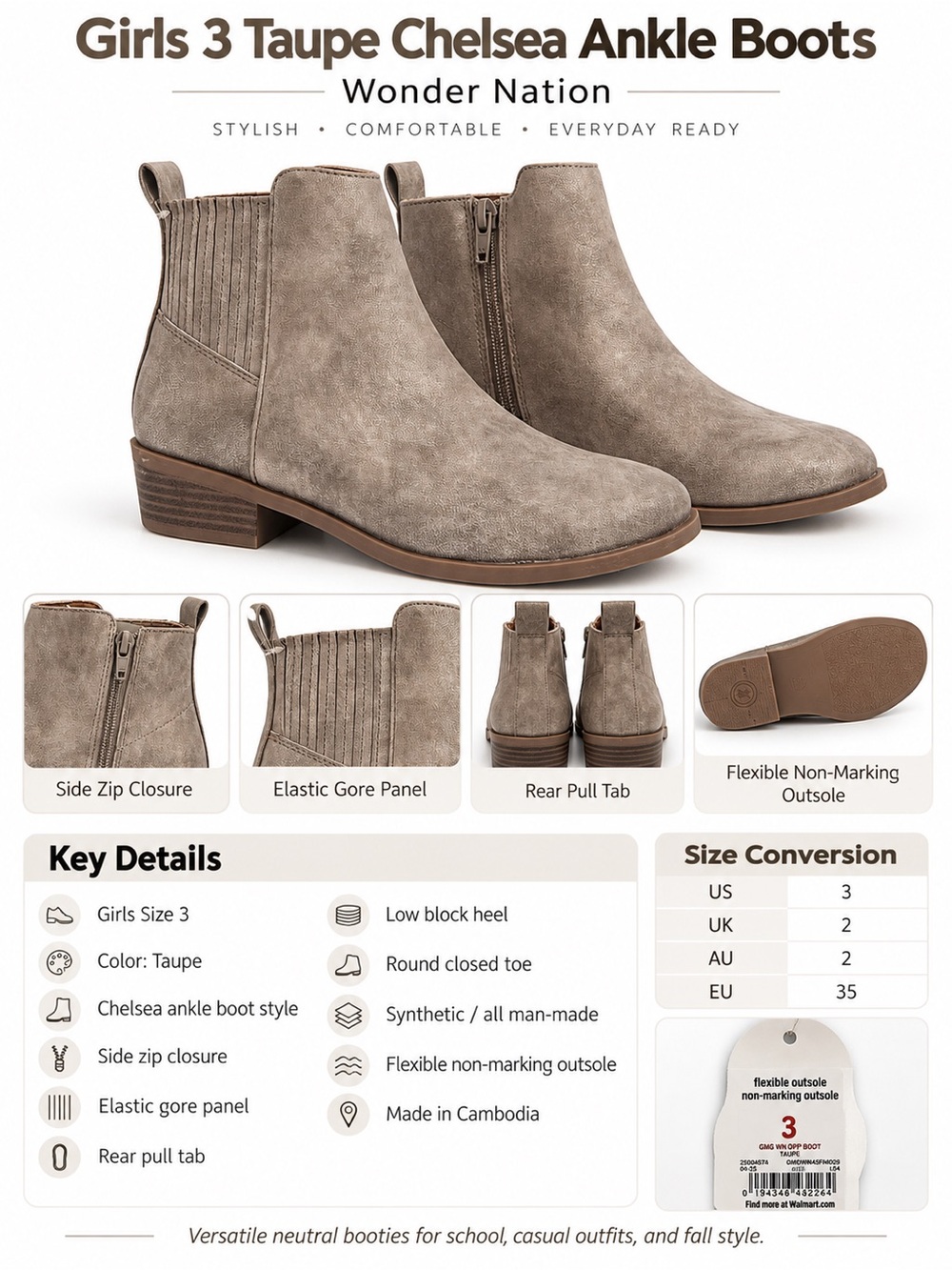 Girls 3 Taupe Chelsea Ankle Boots Side Zip Elastic Gore Block Heel Booties Shoes - Picture 12 of 14